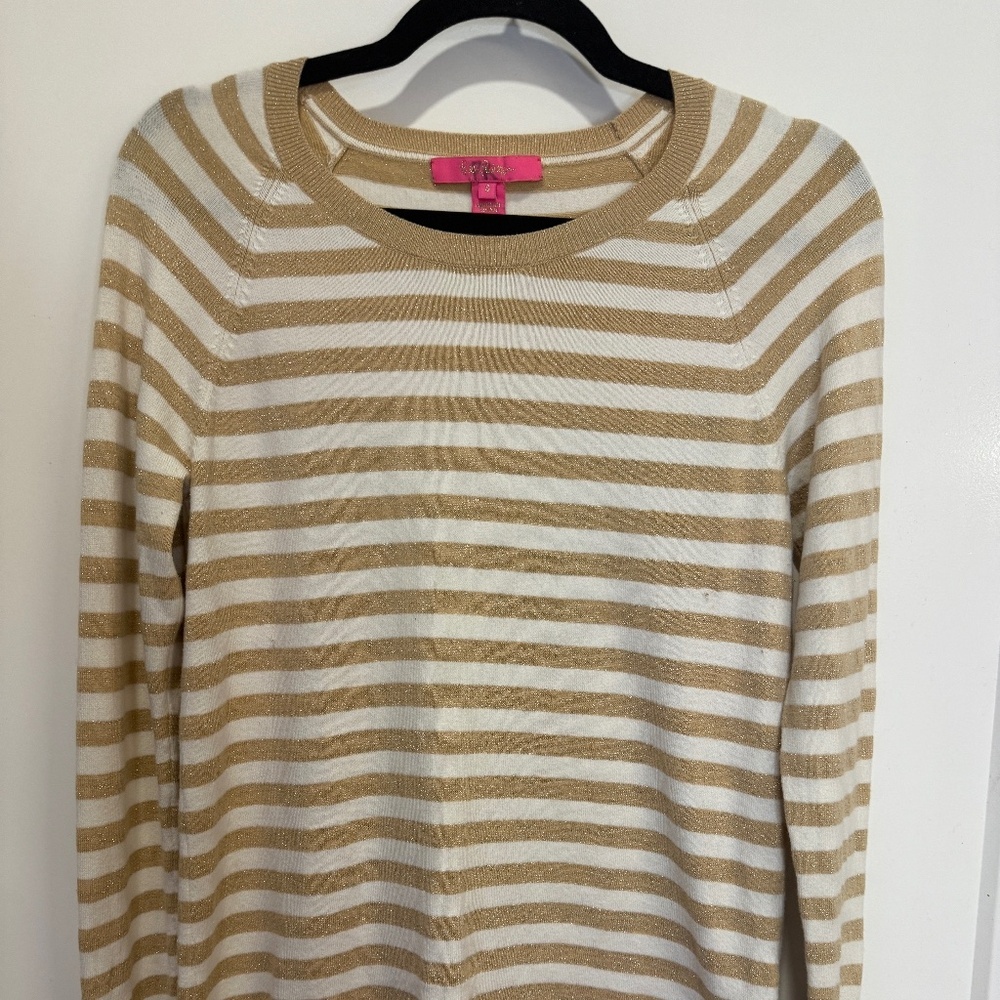 Lilly Pulitzer Metallic Gold & White Striped Sweater — Size Small